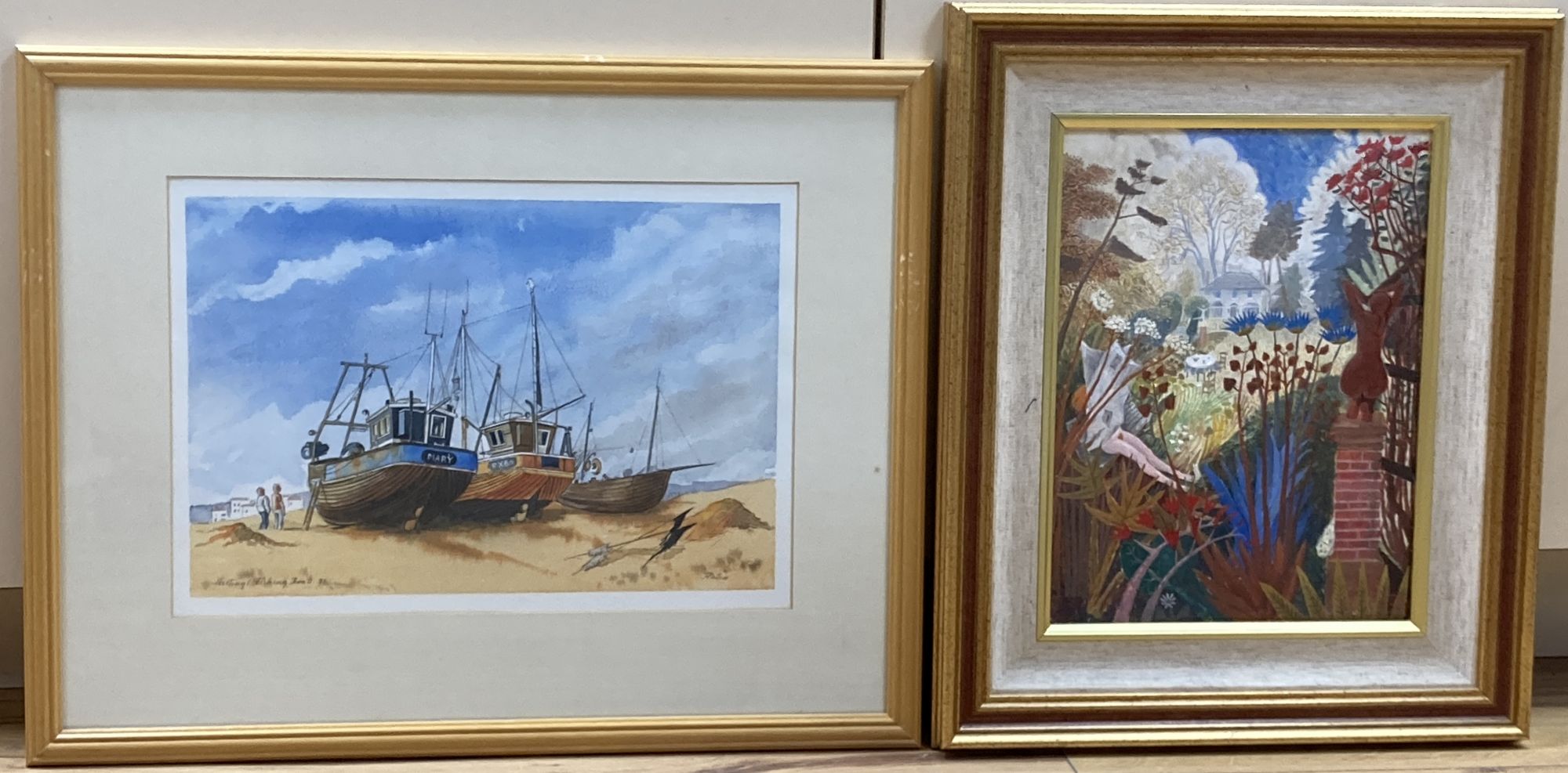 Ian Bliss, oil on board, Catching up with the news, 28 x 21cm and a watercolour of Hastings fishing boats by Judith Philcox, 23 x 33c